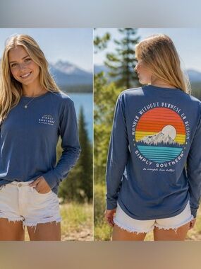 Simply Southern Dusty Blue Mountain Sunset "Wander" Long Sleeve Youth Large